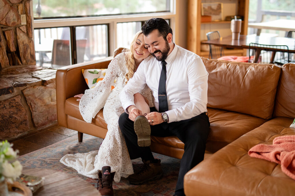 romantic elopement couple getting ready together in an airbnb in sedona