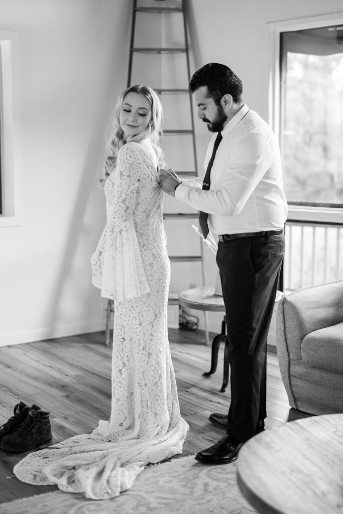 romantic elopement couple getting ready together in an airbnb in sedona