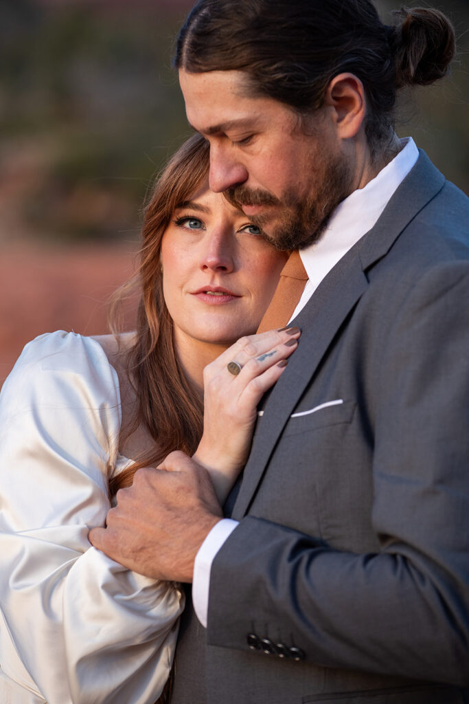 close up of an intimate moment between a couple during their elopement in sedona