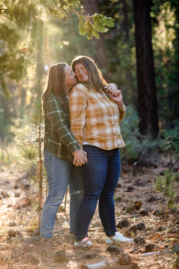 romantic golden hour engagement session in the forest