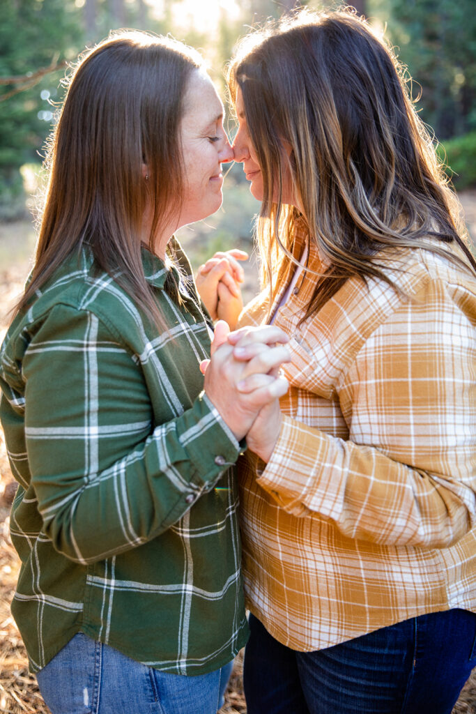 romantic golden hour engagement session in the forest