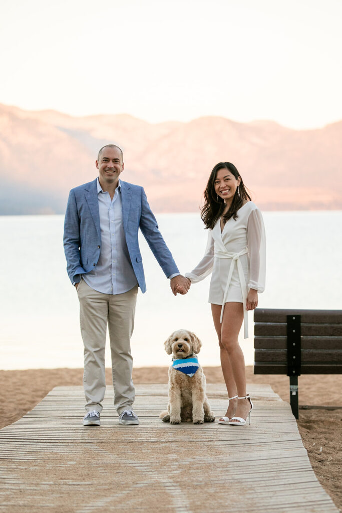 classy lake tahoe engagement photos with a small dog