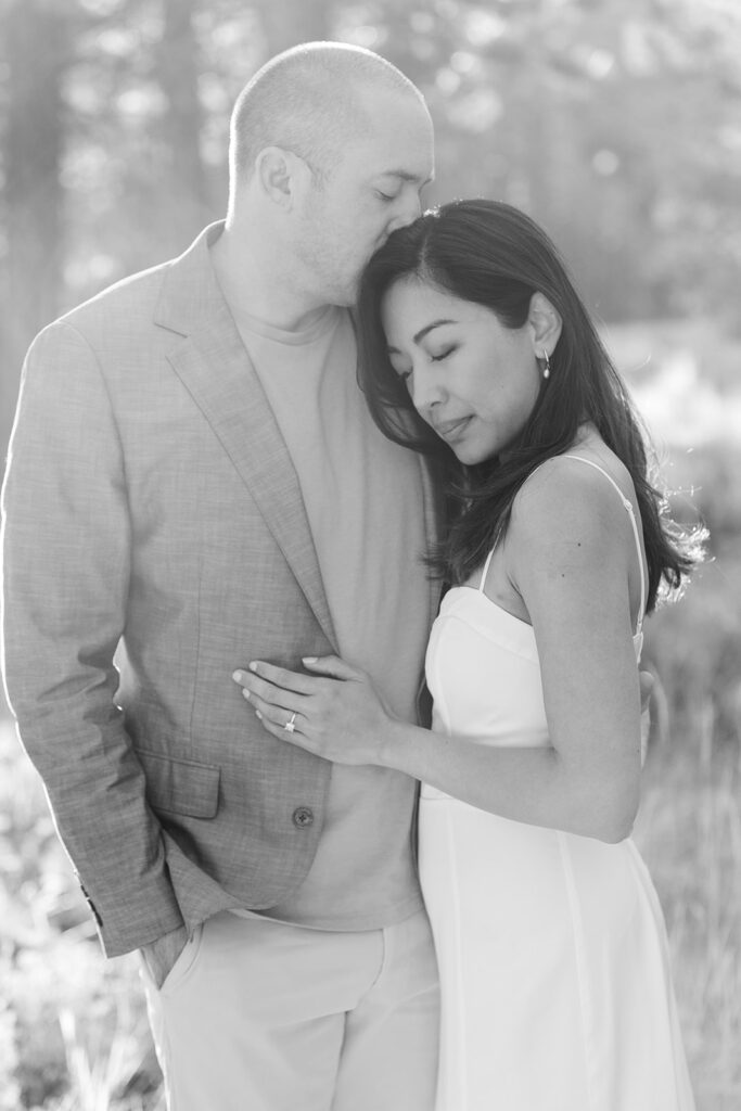 romantic golden hour engagement session in a forest in Lake Tahoe