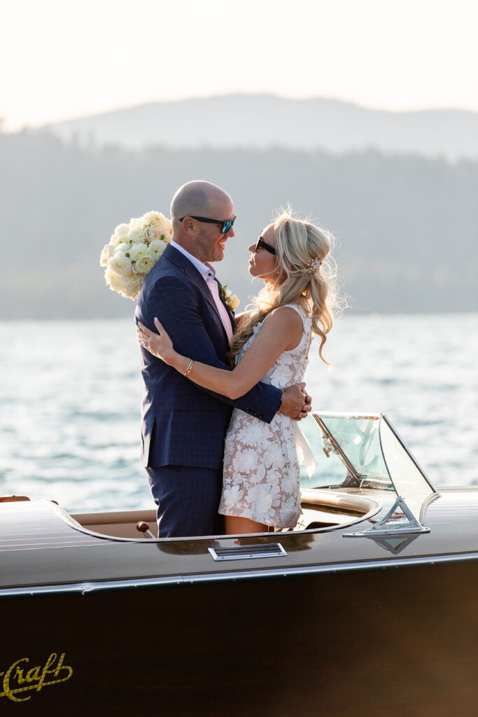 unique elopement ideas for elopement couple on a boat on Lake Tahoe