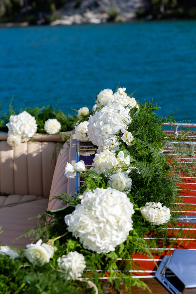 romantic, lush floral decor on a classic boat