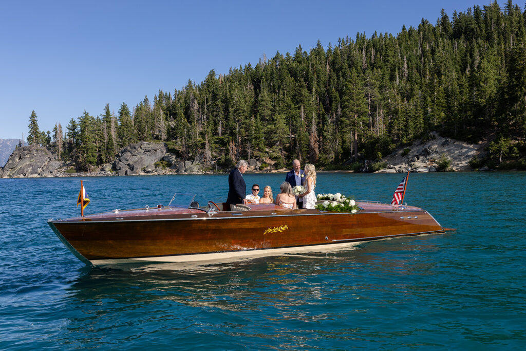 intimate classic boat elopement ceremony on Lake Tahoe