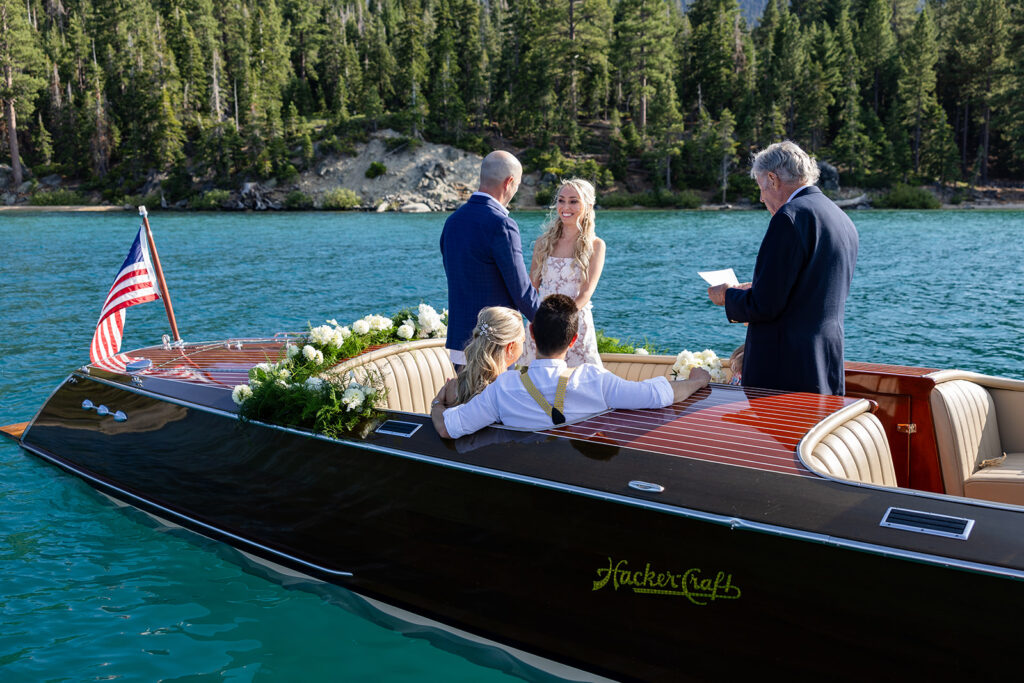 intimate classic boat elopement ceremony on Lake Tahoe