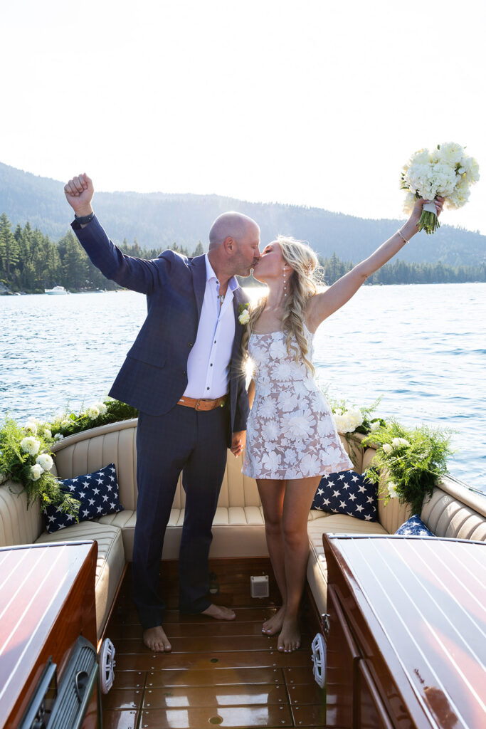 unique elopement ideas for elopement couple on a boat on Lake Tahoe