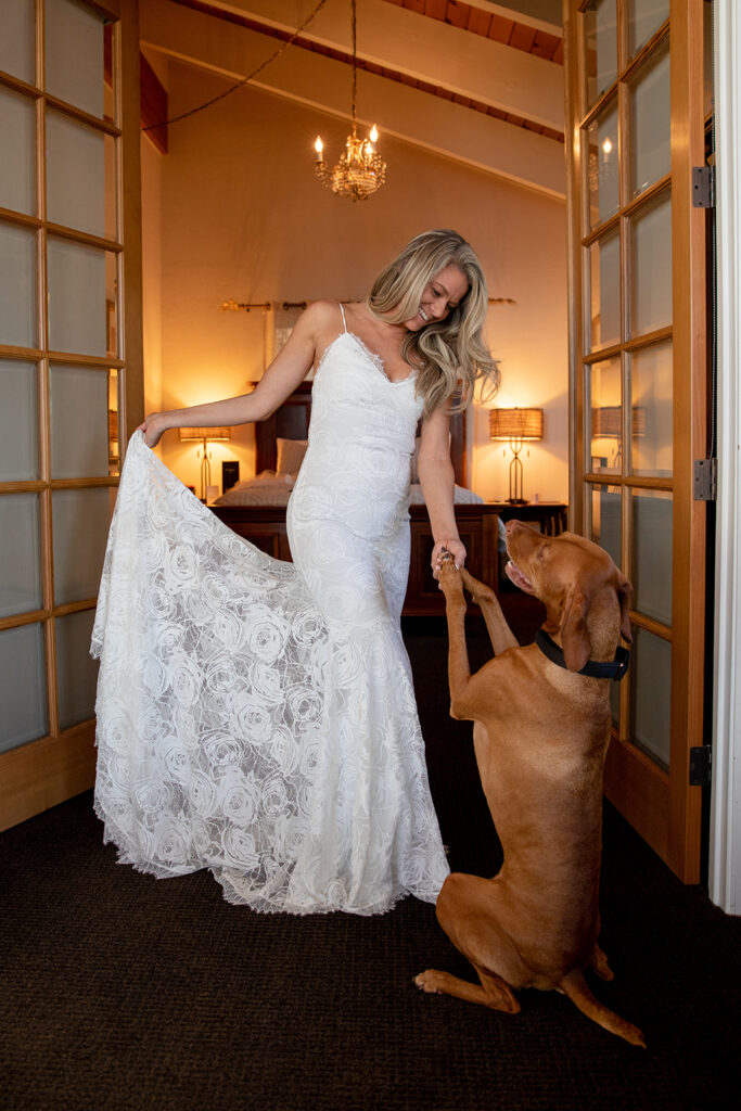 bride getting ready in an airbnb in Lake Tahoe