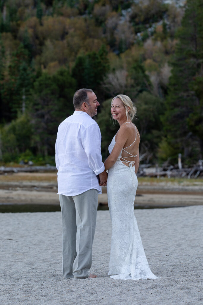 beautiful elopement couple on the beach in Lake Tahoe