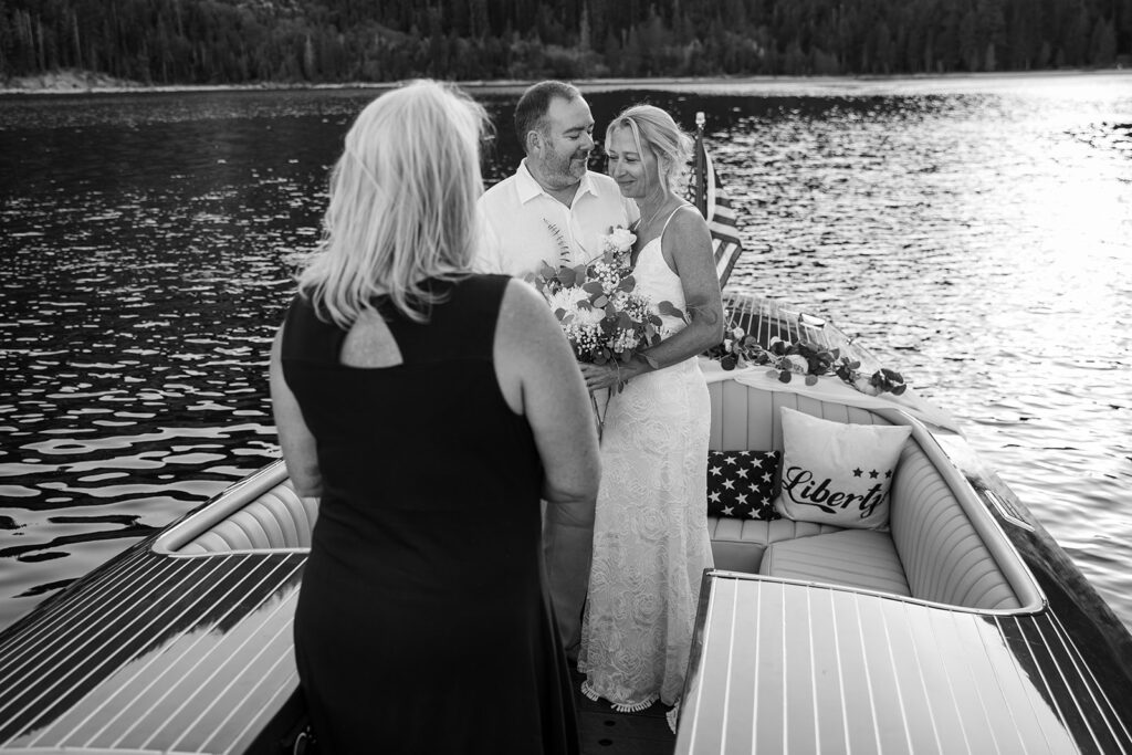 an intimate elopement ceremony on a boat in Lake Tahoe