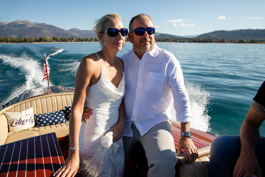 unique elopement ideas for elopement couple on a boat on Lake Tahoe