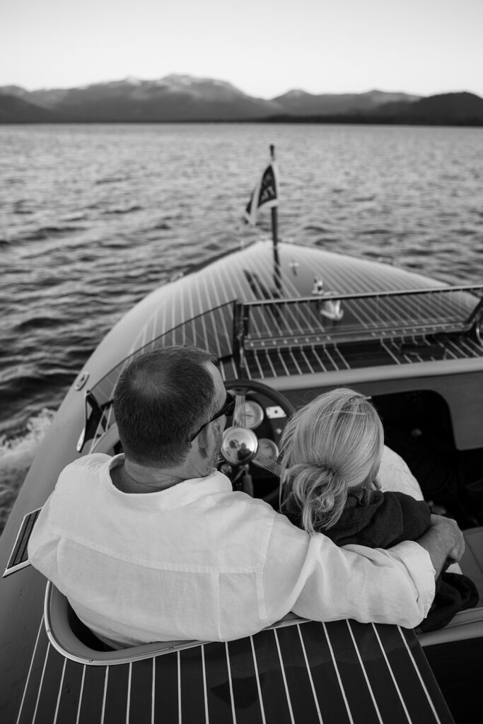 romantic bride and groom portraits on a classic boat in Lake Tahoe