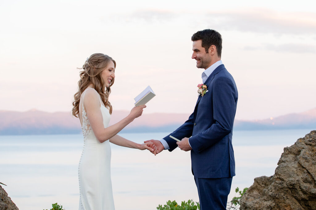 bride and groom exchanging vows during their Lake Tahoe elopement