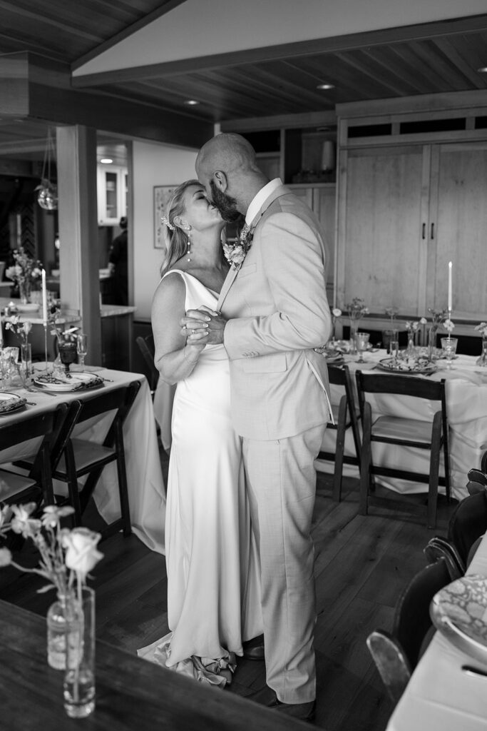 bride and groom first dance in an airbnb during their micro wedding in Lake Tahoe