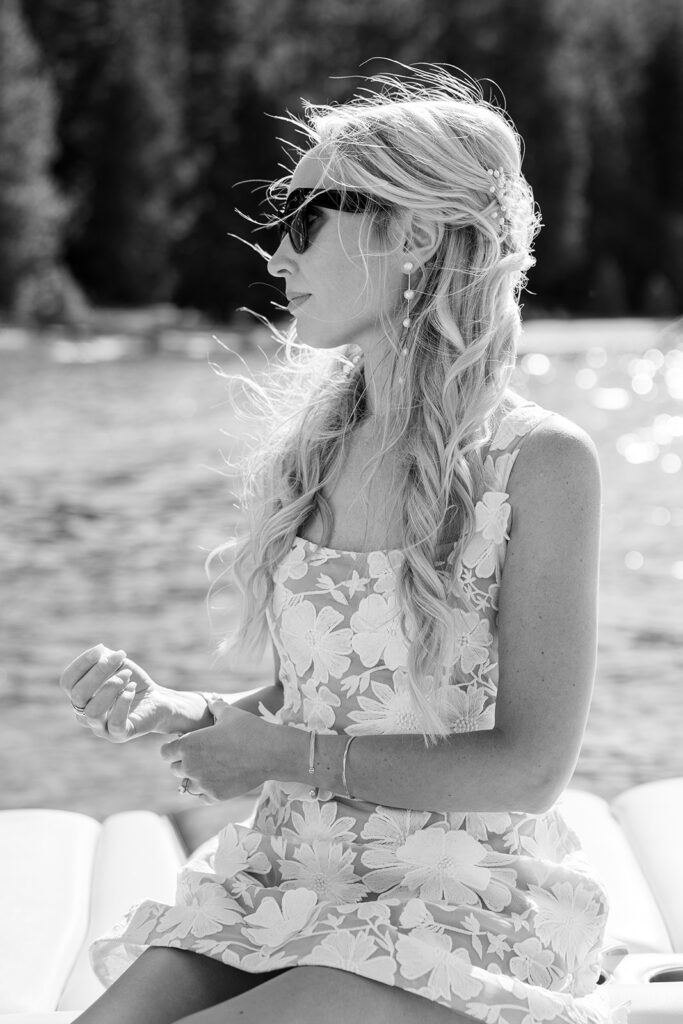 black and white bridal portrait on a boat