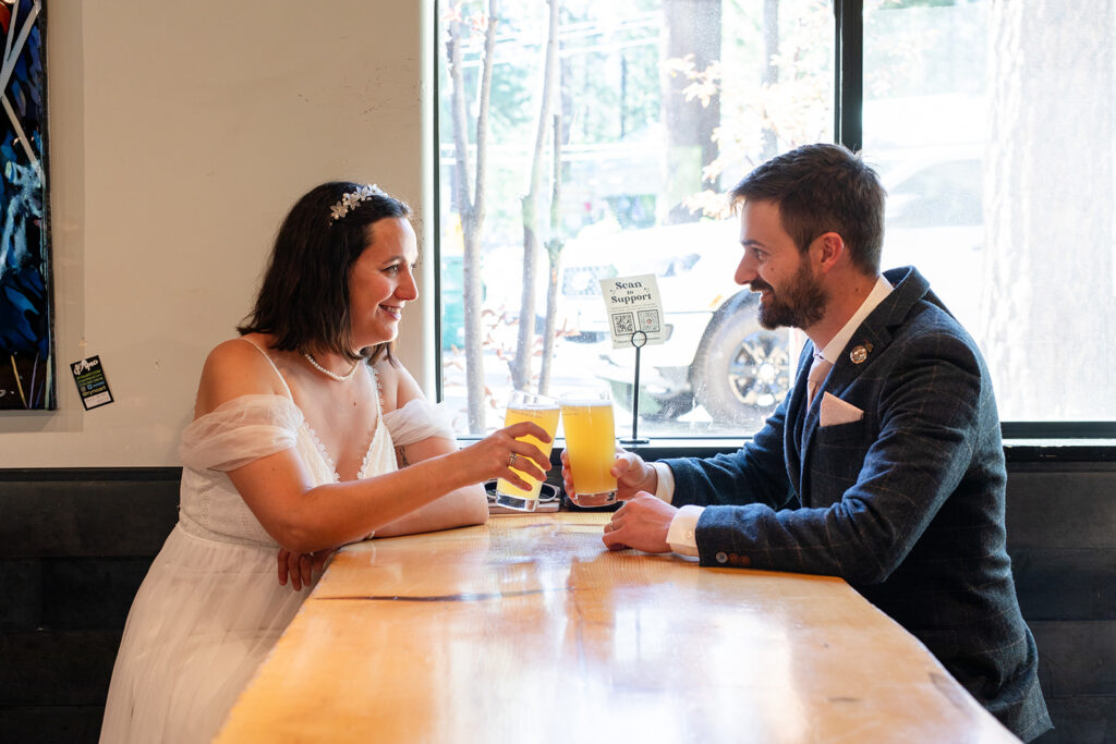 elopement couple enjoying a break at a brewery in Lake Tahoe