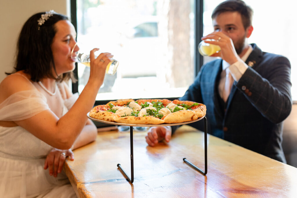 elopement couple enjoying a break at a brewery in Lake Tahoe