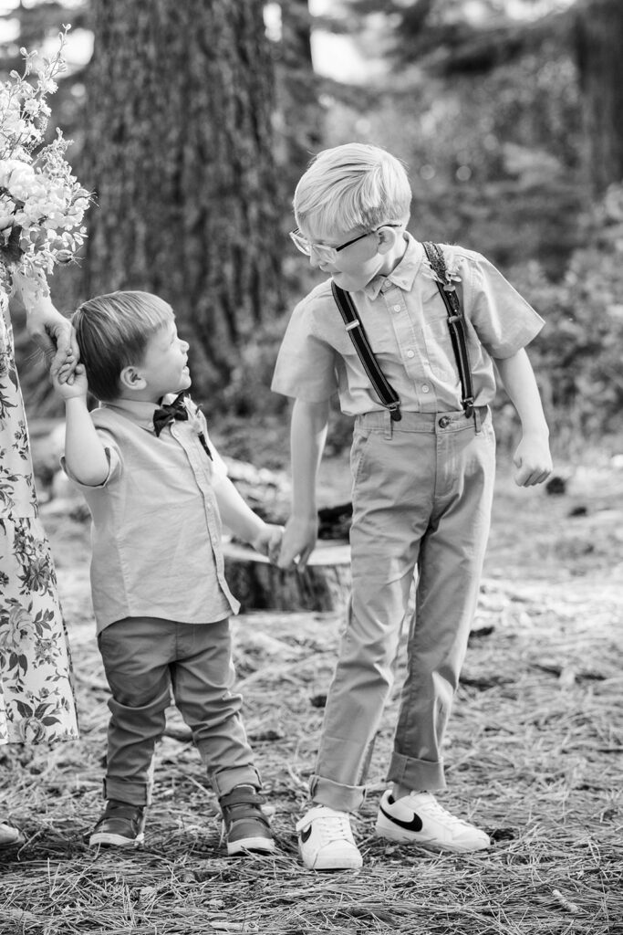 black and white photo of the couple's two little boys