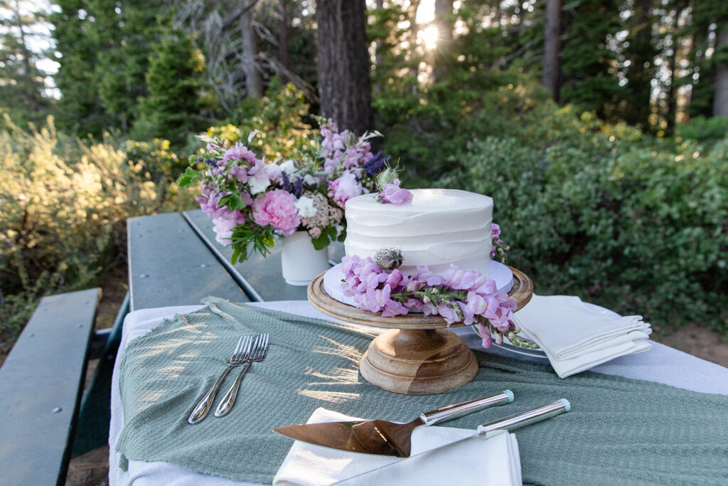 simple elopement cake decorated with purple flowers