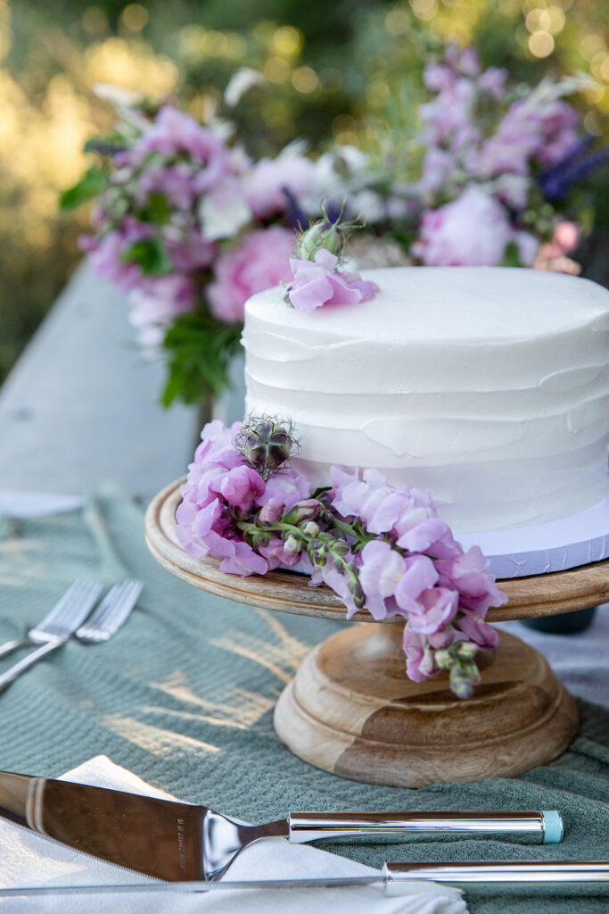 simple elopement cake decorated with purple flowers