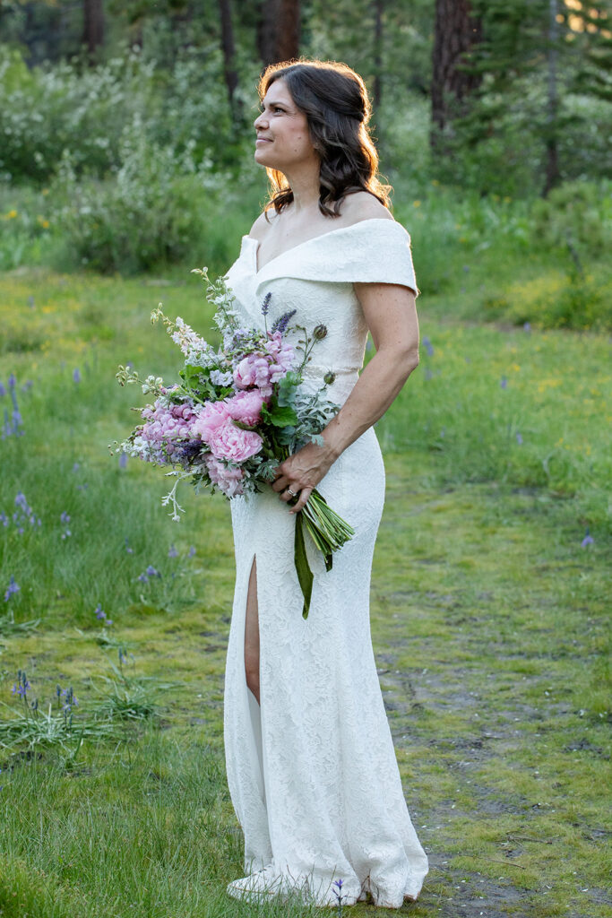 bridal portrait in a lush forest at skylandia park, tahoe