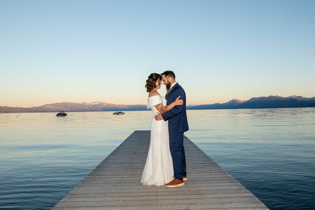 lakefront bride and groom in Lake Tahoe