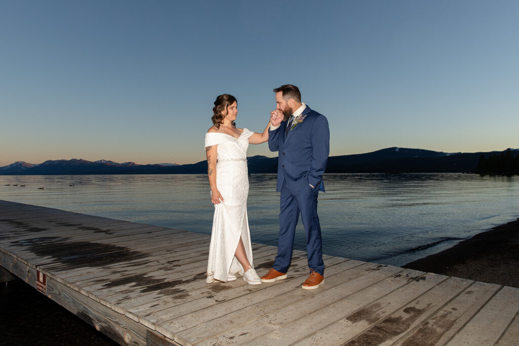 lakefront bride and groom in Lake Tahoe