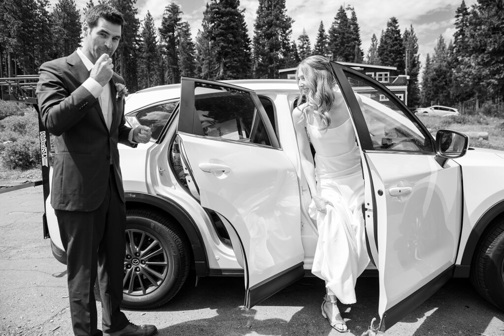 bride gettting out of a car