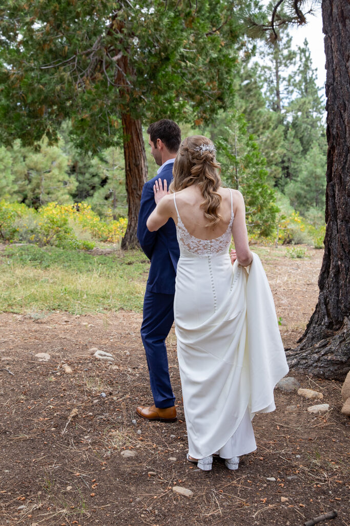 bride and groom elopement wedding first look at the airbnb