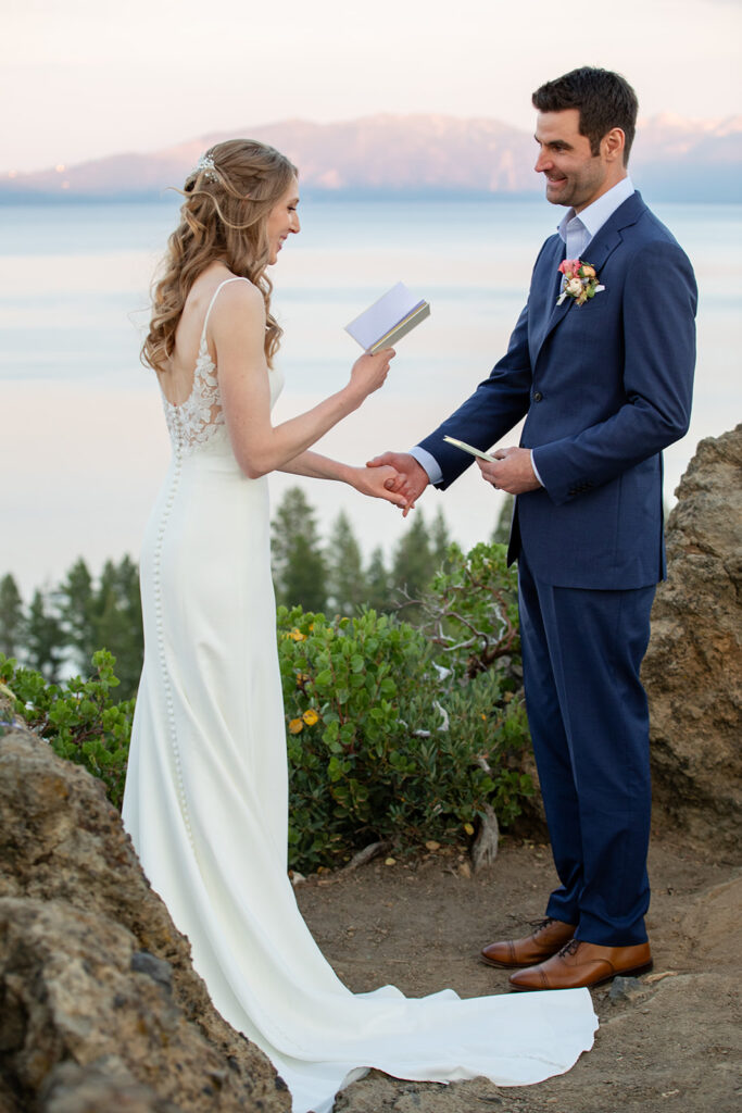 elopement couple exchanging private vows with the views of lake tahoe