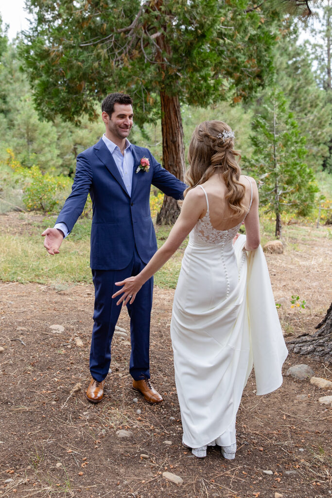 bride and groom elopement wedding first look at the airbnb