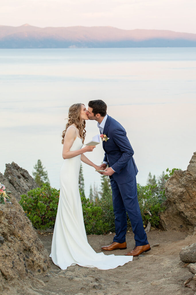 elopement couple exchanging private vows with the views of lake tahoe