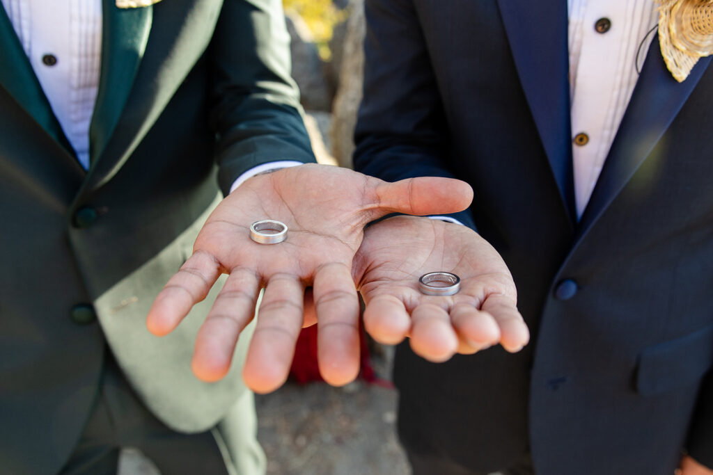 close up of the couple holding their wedding rings