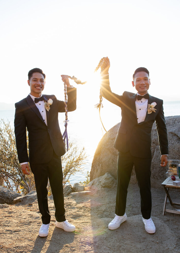 handfasting ritual during their hiking elopement ceremony in logan shoals