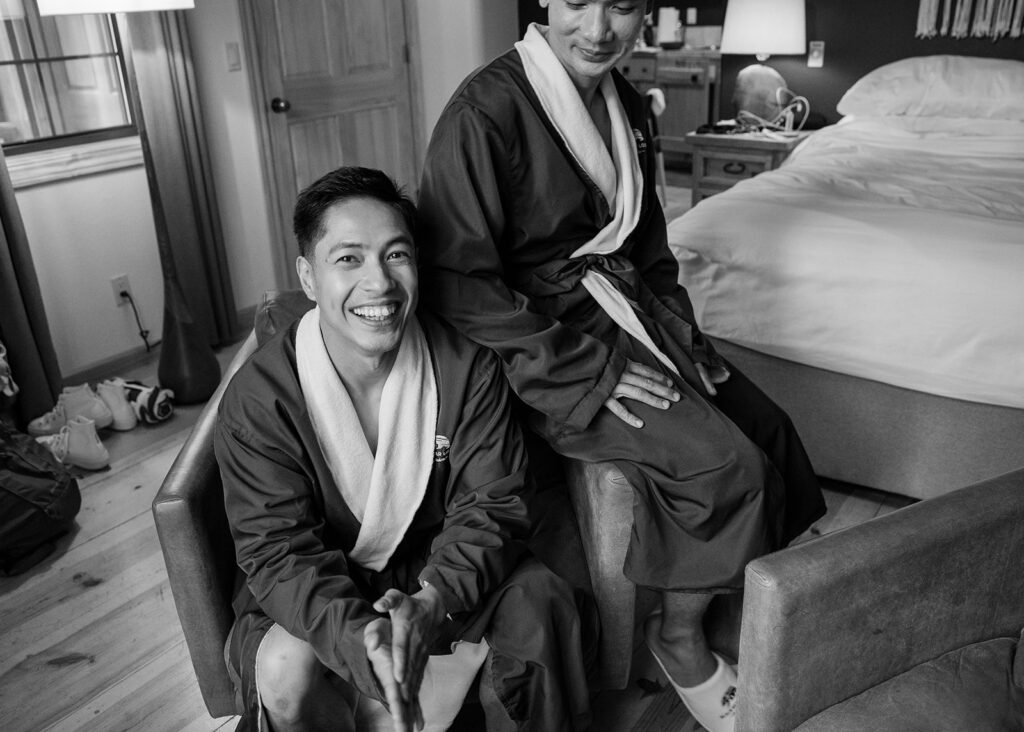 both grooms getting ready at black bear lodge, lake tahoe