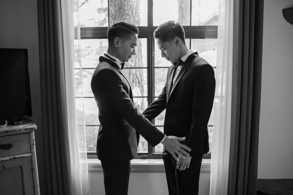 both grooms getting ready at black bear lodge, lake tahoe