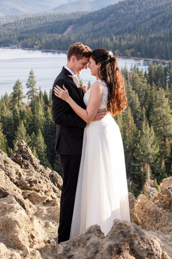 elopement couple hugging at Monkey Rock, Lake Tahoe