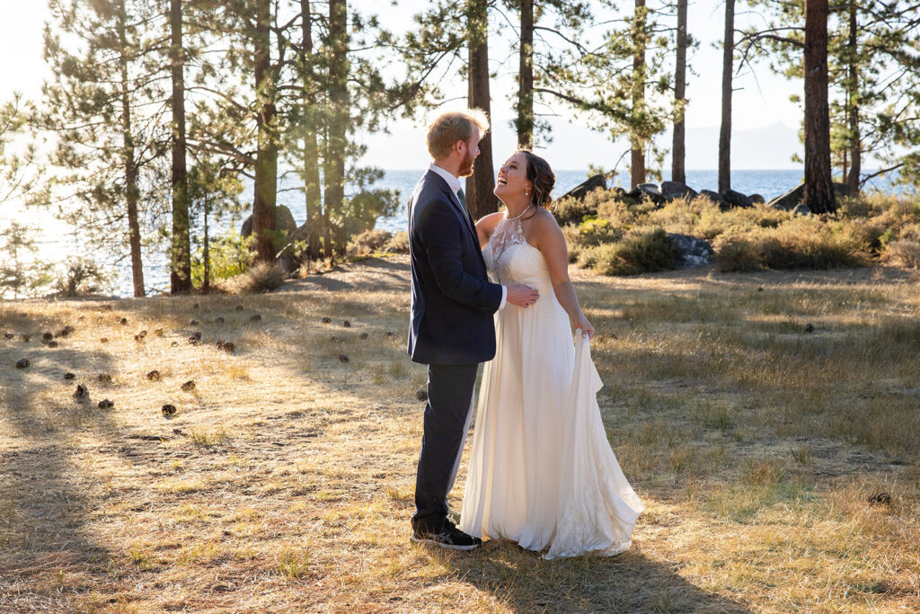 golden hour bride and groom in zephyr cove