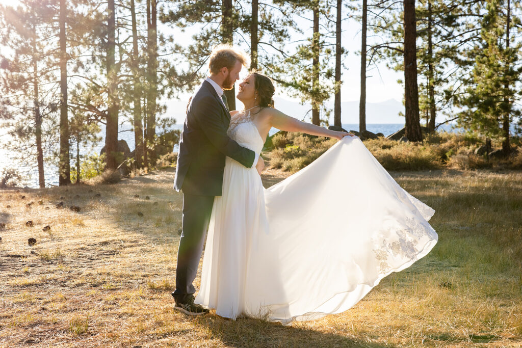 golden hour bride and groom in zephyr cove