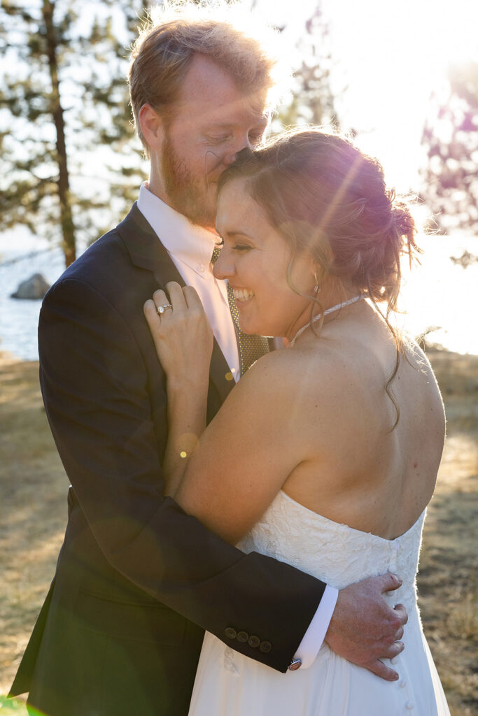 intimate elopement couple with lake tahoe backdrops during their zephyr cove micro wedding