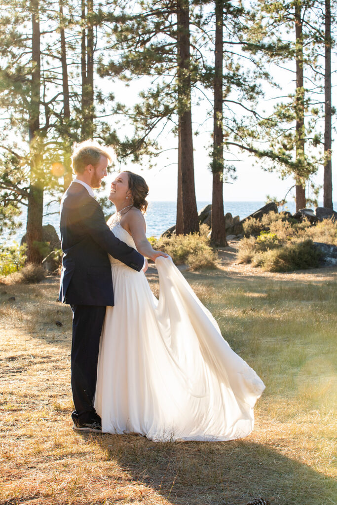 intimate elopement couple with lake tahoe backdrops during their zephyr cove micro wedding