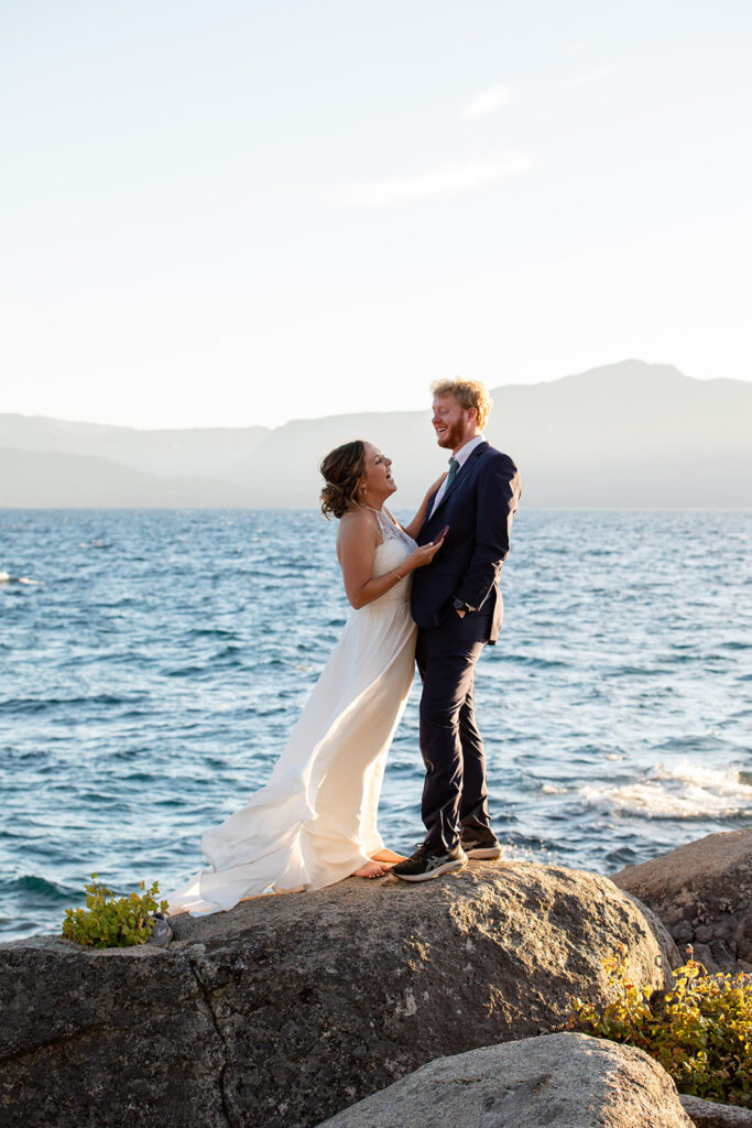 intimate elopement couple with lake tahoe backdrops during their zephyr cove micro wedding