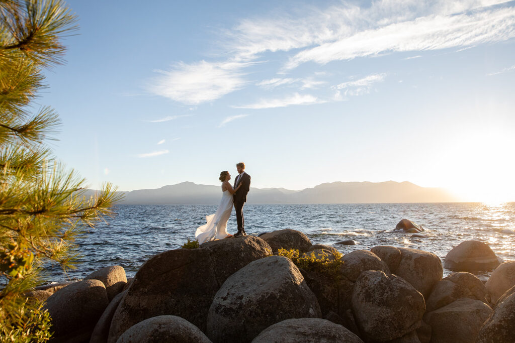 intimate elopement couple with lake tahoe backdrops during their zephyr cove micro wedding