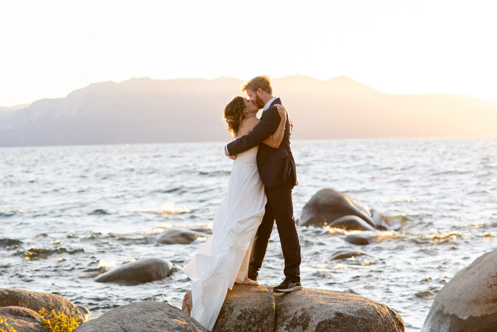 intimate elopement couple with lake tahoe backdrops during their zephyr cove micro wedding