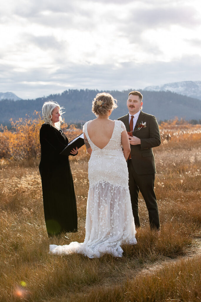 south lake tahoe elopement ceremony in a meadow with forest and mountain views in the backdrop