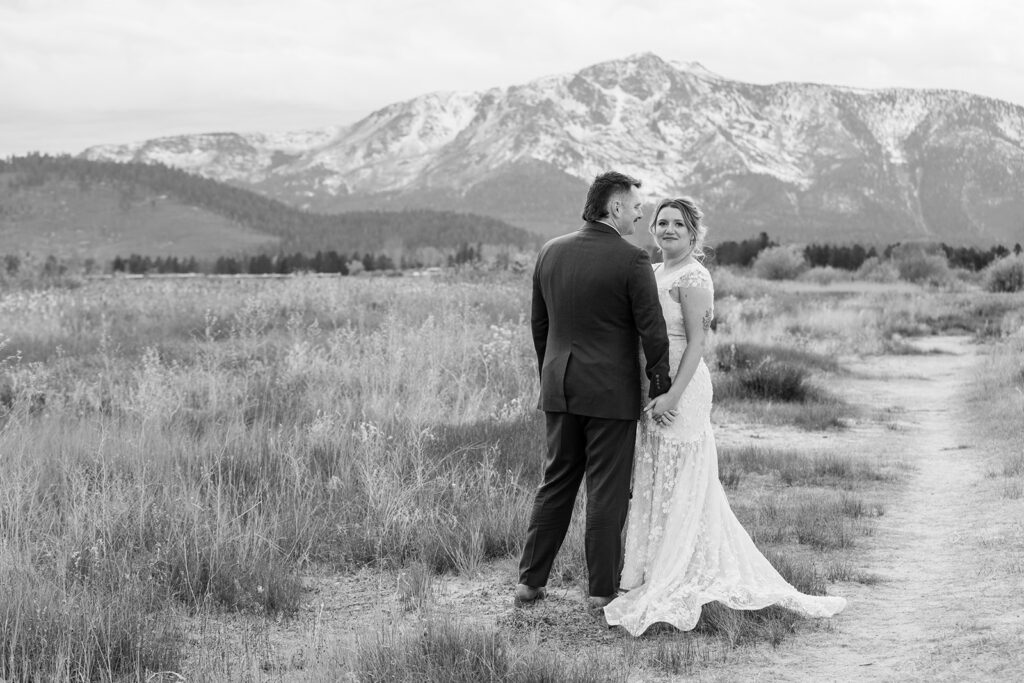 south lake tahoe elopement photo with mountain and lush field views